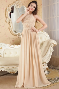 Champagne Empire Halter Brush Train Chiffon Ruch Prom Dress