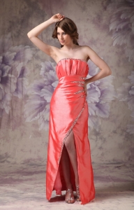 Coral Red Column Strapless Floor-length Taffeta Beading Prom Dress