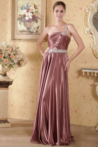Elegant Empire One Shoulder Brush Train Elastic Woven Satin Beading and Ruch Prom / Graduation Dress