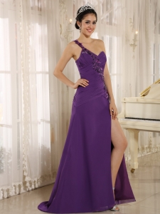 High Slit Purple Prom Dress With Sequins Decorate Shoulder