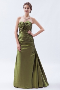 Olive Green A-line / Princess Strapless Brush Train Taffeta Ruch and Bow Prom Dress