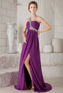 Purple Empire One Shoulder Watteau Train Chiffon Beading Prom / Evening Dress