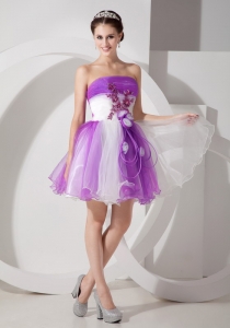 Purple and White A-line Strapless Mini-length Organza Hand Made Flowers Prom Dress