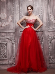 Red A-Line Sweetheart Brush Train Net Beading Prom Dress