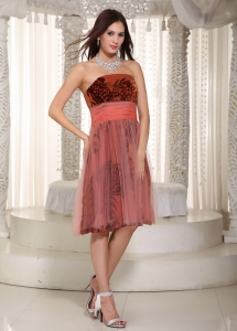 Rust Red Empire Strapless Knee-length Printing and Tulle Belt Prom Dress