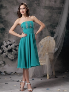 Turquoise Empire Strapless Knee-length Chiffon Beading Prom Dress