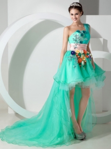 Turquoise Princess One Shoulder High-low Organza Beading and Appliques Prom Dress