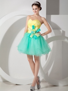 Turquoise and Yellow A-line Sweetheart Mini-length Organza Hand Made Flowers Prom Dress