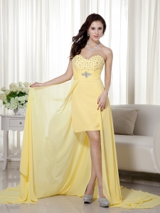 Yellow Column / Sheath Sweetheart High-low Chiffon Beading Prom / Evening Dress