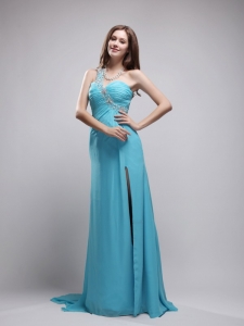 Aqua Blue Column One Shoulder Watteau Train Chiffon Beading and Ruch Prom Dress