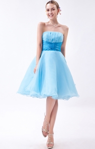Baby Blue A-line Strapless Knee-length Organza Ruch Prom Dress