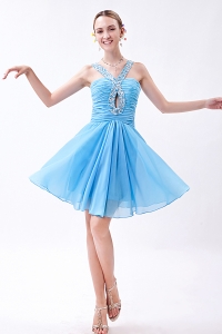 Baby Blue Empire V-neck Mini-length Chiffon Beading Prom Dress