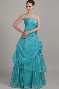 Teal Column/Sheath Strapless Floor-length Organza Appliques and Beading Prom Dress