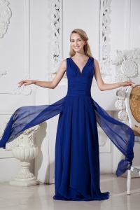 Blue Empire V-neck Brush Train Chiffon Prom / Evening Dress