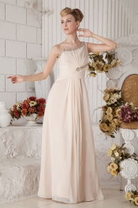 Champagne Empire One Shoulder Floor-length Chiffon Beading and Ruch Prom Dress