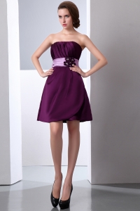 Dark Purple A-line Strapless Mini-length Satin Hand Made Flower and Ruch Prom Dress