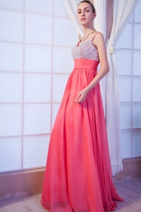 Hot Pink Empire Straps Brush Train Chiffon Beading Prom Dress