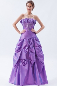 Purple A-line / Princess Strapless Floor-length Taffeta Embroidery Prom Dress