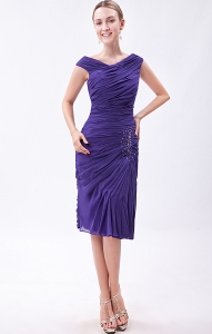Purple Column V-neck Knee-length Chiffon Beading Prom Dress