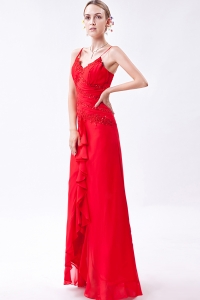 Red Column Straps Floor-length Chiffon Beading Prom Dress