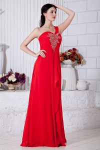 Red Empire One Shoulder Floor-length Chiffon Beading Prom / Evening Dress