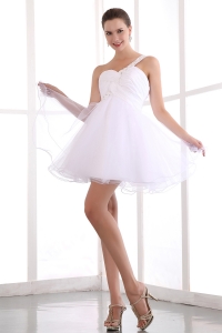 White A-line One Shoulder Mini-length Organza Beading Prom Dress