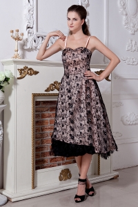 Black A-line / Princess Spaghetti Straps Tea-length Lace Prom Dress