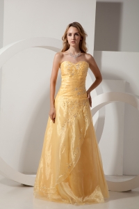 Gold Column Sweetheart Floor-length Taffeta and Organza Embroidery With Beading Prom Dress