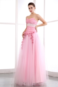 Pink A-line Sweetheart Floor-length Taffeta and Tulle Appliques Prom Dress