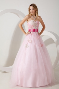 Baby Pink A-line Sweetheart Floor-length Tulle Appliques Prom / Evening Dress