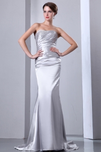 Silver Column Strapless Brush Train Elastic Wove Satin Beading Prom Dress