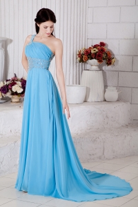 Aqua Blue Empire One Shoulder Brush Train Chiffon Beading Prom / Evening Dress