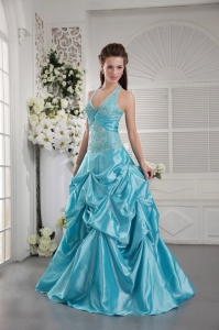 Aqua Blue Princess Halter Floor-length Taffeta Appliques Prom / Graduation Dress