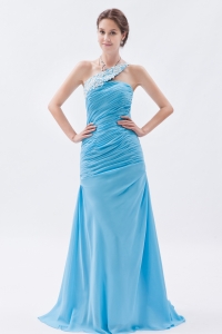 Baby Blue Column One Shoulder Brush Train Chiffon Beading Prom Dress