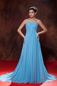 Baby Blue Empire Strapless Court Tain Chiffon Ruch Prom Dress