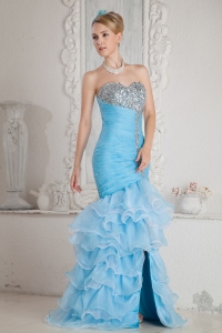 Baby Blue Mermaid Sweetheart High-low Organza Ruch and Beading Prom Dress