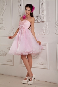 Baby Pink A-line / Princess Sweetheart Mini-length Organza Beading and Appliques Prom Dress