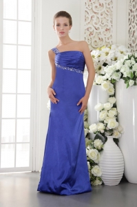 Blue Column / Sheath One Shoulder Floor-length Satin Beading Prom / Evening Dress