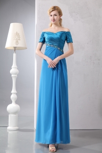 Blue Column Off The Shoulder Ankle-length Taffeta and Chiffon Beading Prom Dress