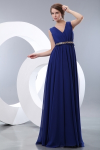 Blue Empire V-neck Brush Train Chiffon Belt Prom / Evening Dress