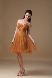 Brown A-line One Shoulder Mini-length Organza Beading Prom Dress