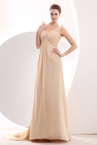 Champagne Empire V-neck Brush Train Chiffon Beading Prom / Evening Dress