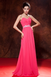 Coral Red Empire Sweetheart Floor-length Chiffon Beading Prom Dress