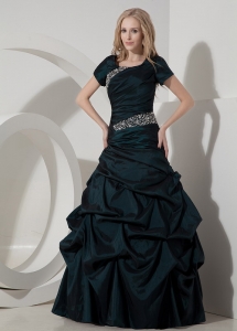 Dark Green A-line Scoop Floor-length Taffeta Beading Prom Dress