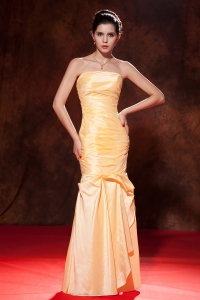 Gold Mermaid Strapless Floor-length Taffeta Ruch Prom Dress