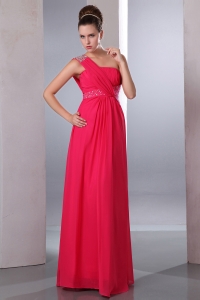 Hot Pink Empire One Shoulder Floor-length Chiffon Beading Prom Dress