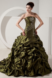 Olive Green A-line / Princess Strapless Brush Tain Taffeta Beading Prom Dress