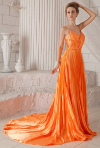 Orange Red Empire Spaghetti Straps Court Train Elastic Woven Satin Pleat Prom Dress