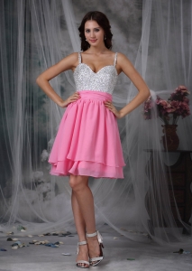 Pink and White Empire Straps Mini-length Chiffon Beading Prom Dress