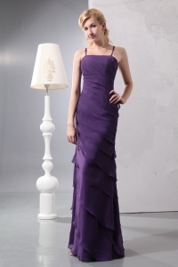 Purple Column Straps Floor-length Chiffon Ruffled Layers Prom Dress